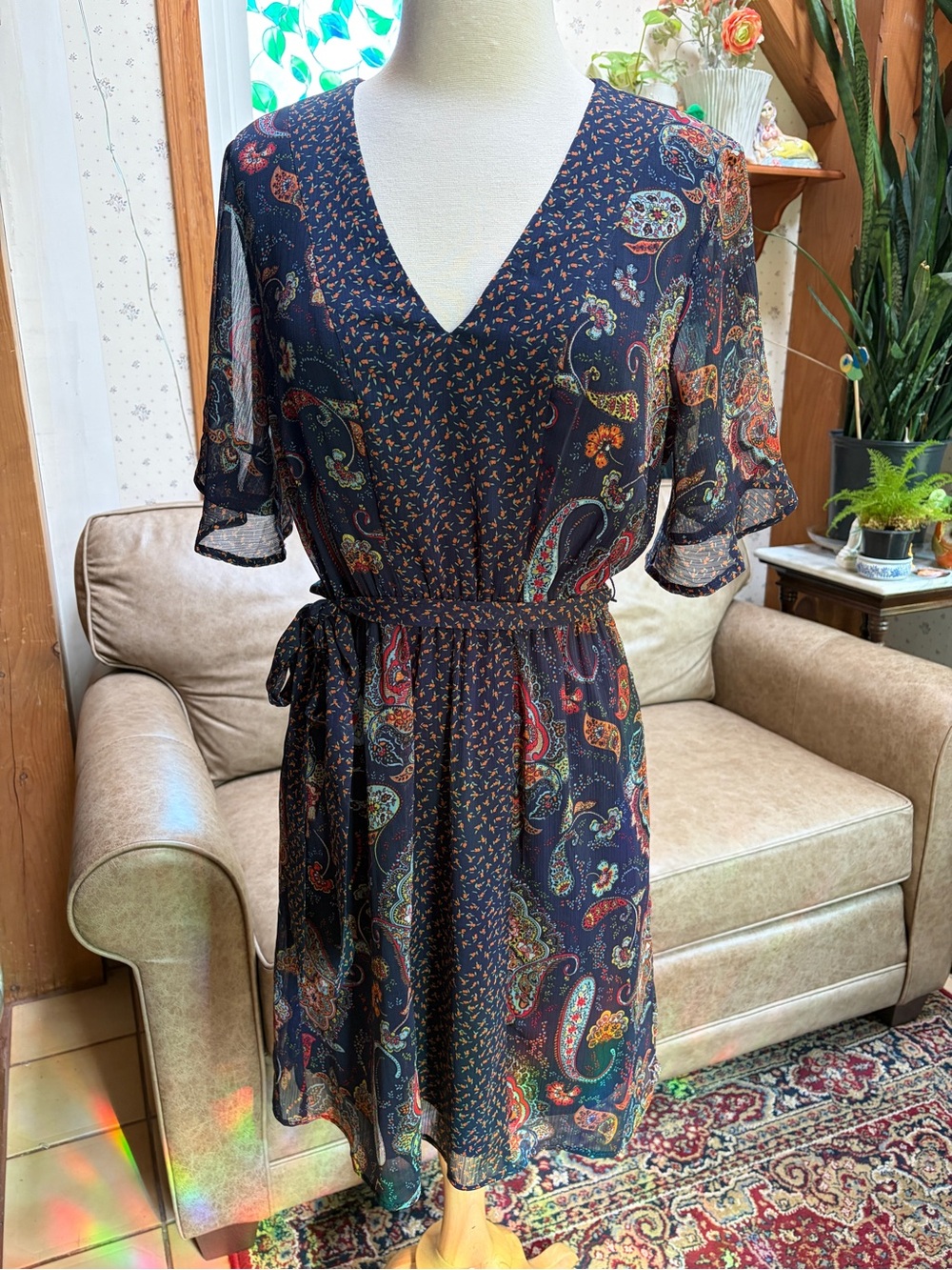Serein Women's Navy Paisley V-Neck Belted Dress with flutter elbow sleeves